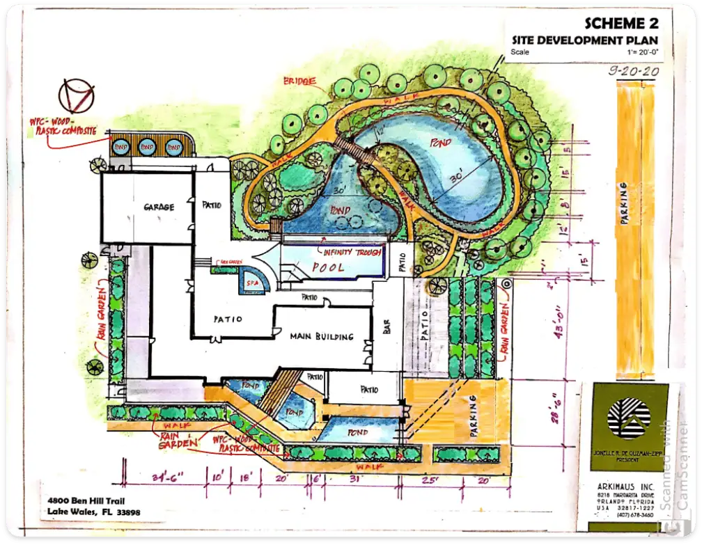 Architectural site development plan showing the layout of the new shelter, ponds, and landscaping. View detailed description below.